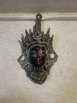 Vintage Chamunda Devi Brass Wall Hanging Mask Face Figurine Statue