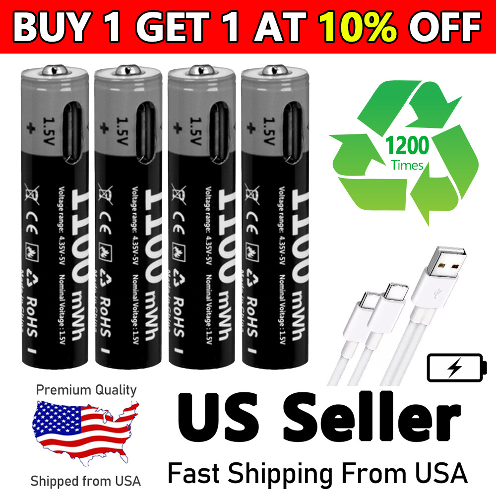 4Pc Rechargeable AAA Batteries TYPE C Battery Lot for Lights Digital Cameras USA