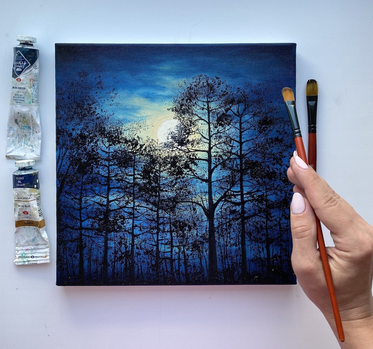 Original Oil Painting FULL MOON landscape Art Night Forest