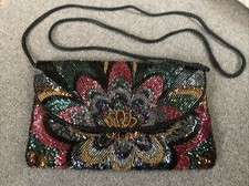 Vintage Carla Marchi Small Beaded Evening Bag Black 5.5 x 8"