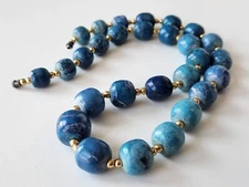Vintage Swirly Blue Jasper Beaded Necklace 22" Heavy 97 Grams Gold Tone Spacers