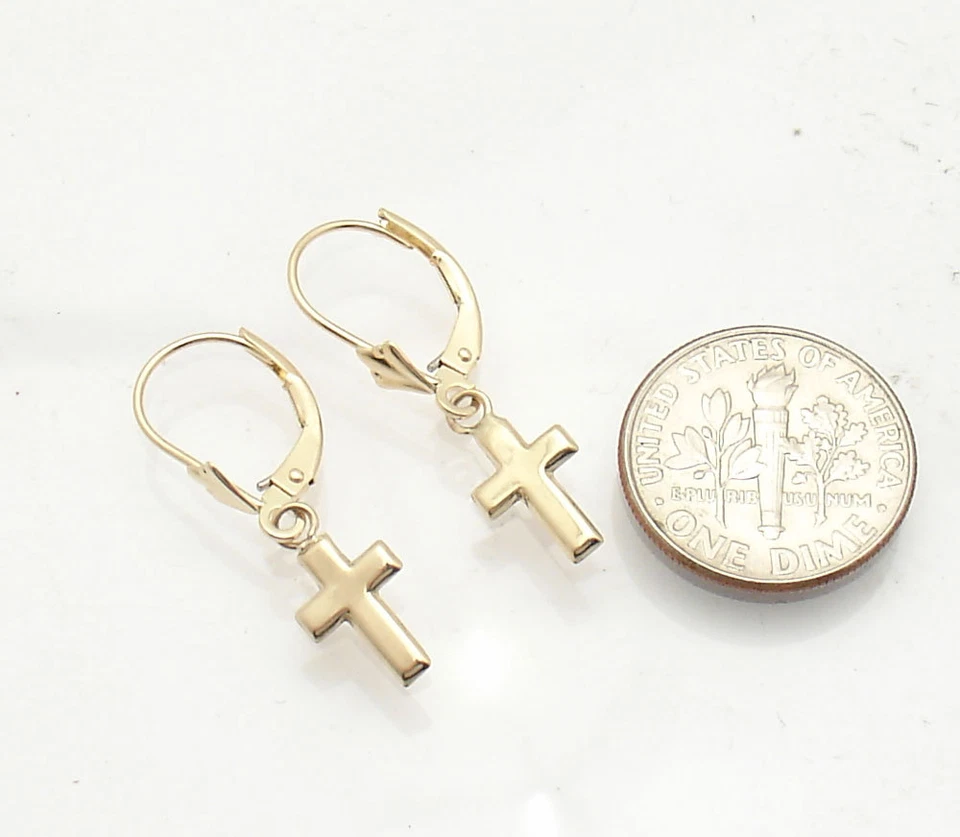 Полностью полированные висячие серьги-кресты с рычажной спинкой из настоящего желтого золота 10 карат - Изображение 3 из 3