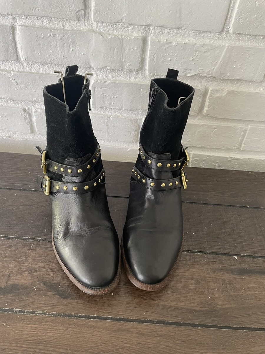 COACH LILLIANA Leather Buckle Zip Motto Buckle Black Ankle Boots