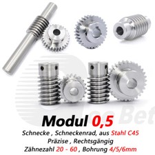Modul 0,5 Schnecke Schneckenrad aus Stahl C45 Schneckengetriebe 20 bis 60 Zähne
