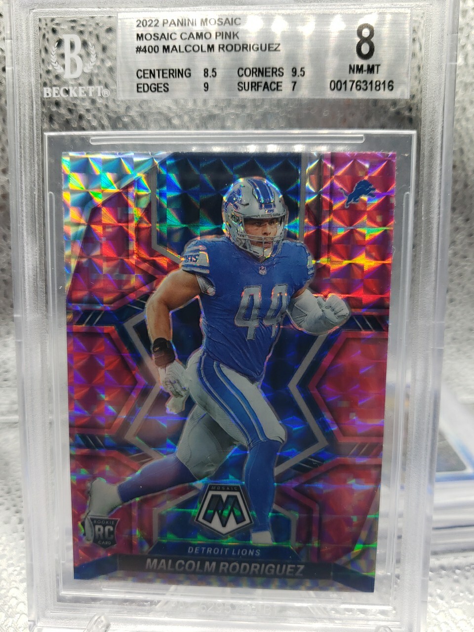 2022 Panini Mosaic Rookies Camo Pink Prizm Malcolm Rodriguez #400 RC BGS 8