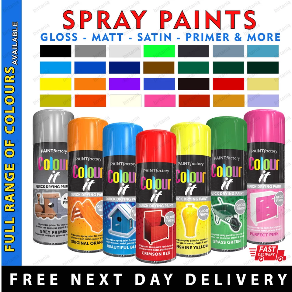 PAINT FACTORY All Purpose Aerosol Spray Paint Can Matt Gloss Satin Metal Wood Plastic - B21