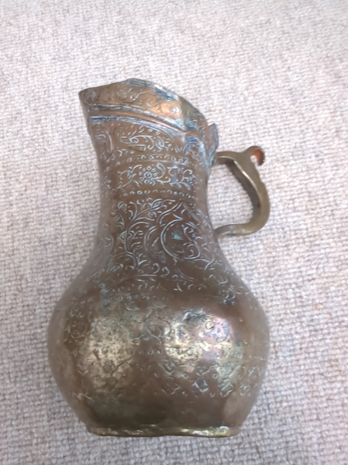 Vintage Hand Engraved Copper Pitcher Carafe Middle Eastern Decor Patina