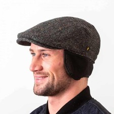 Irish Donegal Tweed Flat Cap Charcoal Herringbone Ear Flaps Hatman Ireland