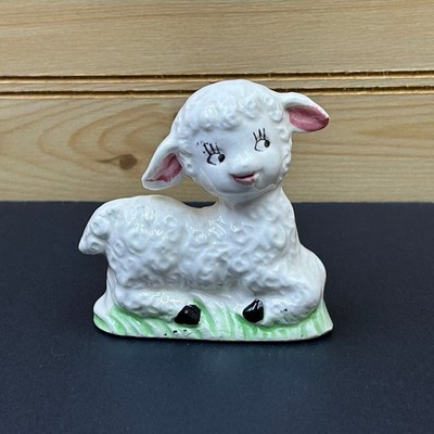 Vintage Ceramic Happy Lamb Figurine White Pink Green Laying 3 Inch