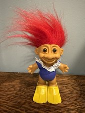 Russ Berrie Troll Doll 5” Red Hair Blue & White Bathing Suit Yellow Fins 18359