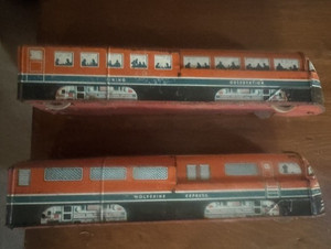 Wolverine tin litho toy trains with wooden wheels