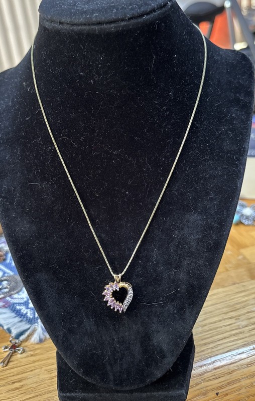 Gold Vermeil Sterling Silver 925 Amethyst 1 Diamond Heart Pendant Necklace 18”