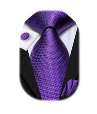 Mens Paisley Striped Tie and Handkerchief Cufflinks Tie Set for Royal Purple