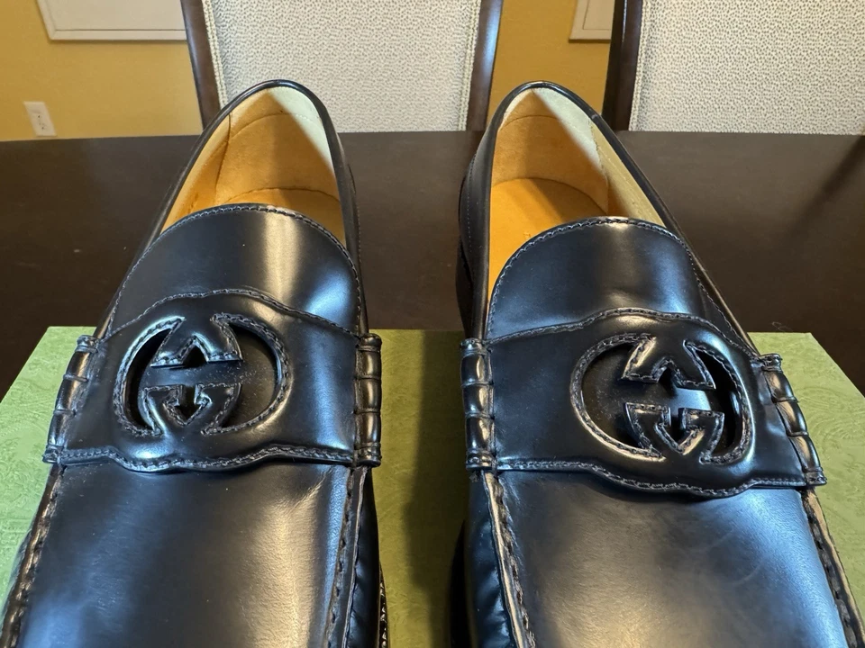 Nuevo Gucci GG Logo Negro Cuero Mocasines Zapatos Sin Cordones Talla UK 12.5 / US 13 Foto 4 de 4