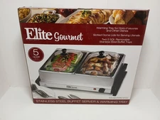 Elite Gourmet Buffet Server 5 Quart Stainless Steel 2 Compartments Warming Tray