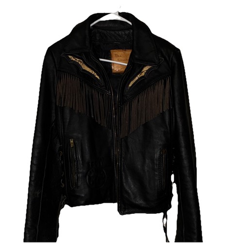 The Country Cobbler Black & Tan Leather Fringe Western Jacket Size 16