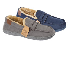 KIDS BOYS LUXURY MOCCASIN SLIPPER COMFY WARM LINED IN NAVY & GREY