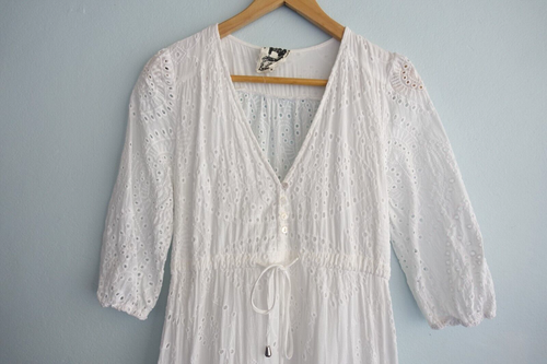 JAASE Maxi Dress XS Extra Small White Eyelet Embroidered Tiered Boho Gypsy Flowy - Picture 2 of 24