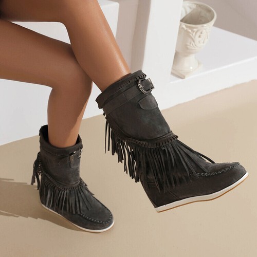 Halbhohe Damen-Stiefeletten mit Quasten Keilabsatz Fransen Wildleder runde Spitze Schuhe - Bild 9 von 16