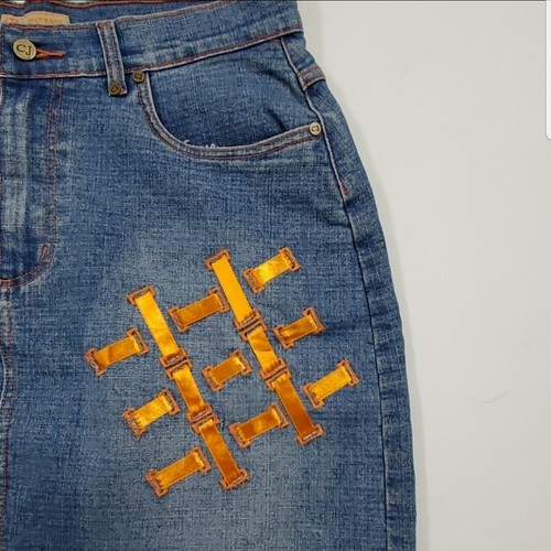 Crest Jeans Mini Denim Skirt Orange Ribbon Trendy Y2k Women's 13 / 14 - Picture 2 of 12