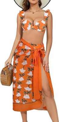 SHEKINI Damen Bikini Sets 3-teilig mit langem passendem Strand Wickelrock Größe: M