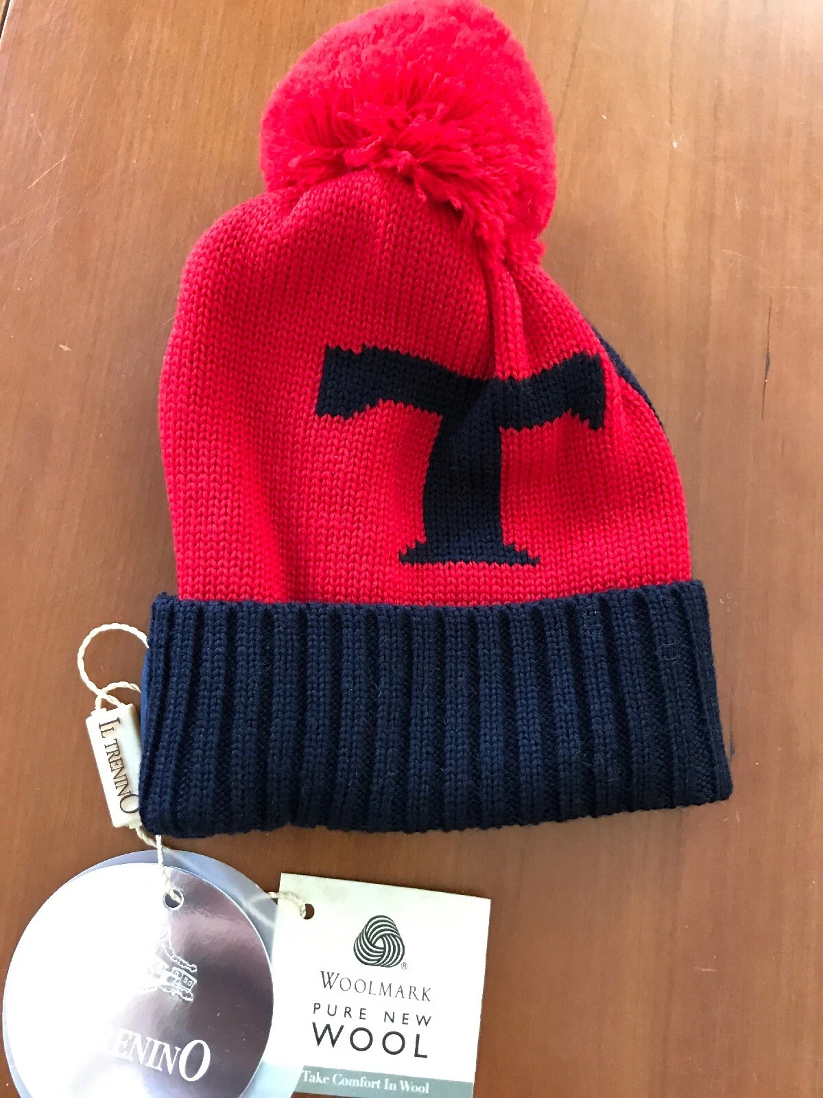 Il Trenino (Italy) NWT 100% Wool Red/Navy TJ Pompom Hat - 0-3 Months