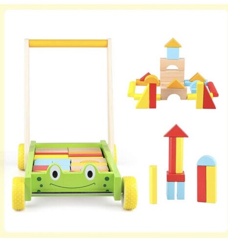 New -- Jamohom Wooden Frog Baby Learning Walker Activity Center Toy with Blocks - Afbeelding 1 van 8