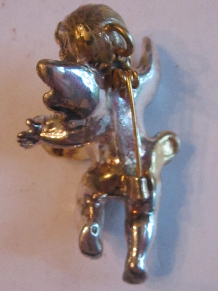 STERLING SILVER GOLD PLATED CHERUB ANGEL BROOCH PIN HARP 2