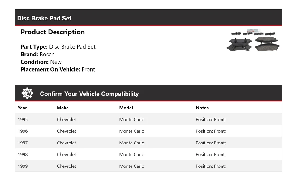For 1995-1999 Chevrolet Monte Carlo Bosch Disc Brake Pad Set Front 1996 1997 - Image 2 of 4