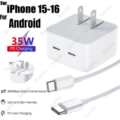 PD 35W Dual Type C Fast Charger Adapter Type USB C Cord For iPhone 15 16 Samsung