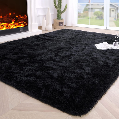 Fluffy Area Rugs for Living Room,4X5.3 Feet Black Rugs for Bedroom,Thick Shag Th