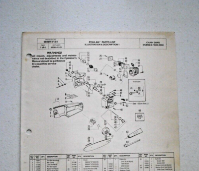 Vintage 1984 Poulan Chain Saw Parts List - Model 1800-2000 - 4 pgs