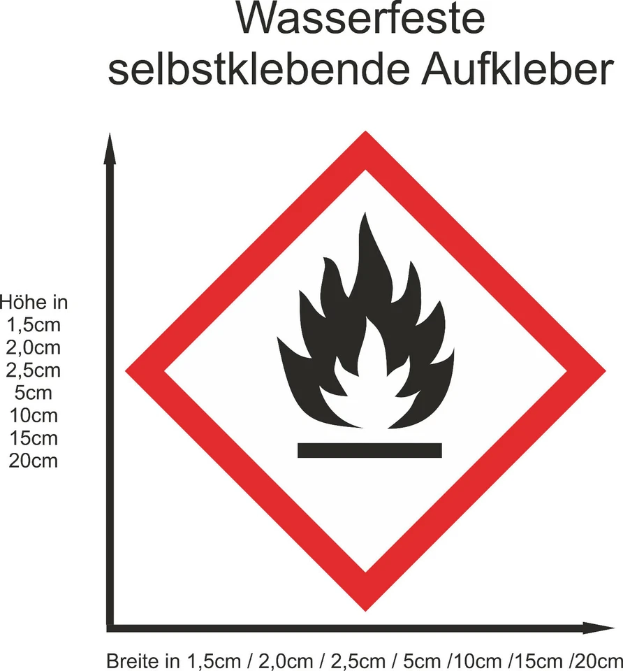 Hinweiß GHS Entzündlich Aufkleber Warnaufkleber Warnung Gefahr ab 1,5-20cm GHS02