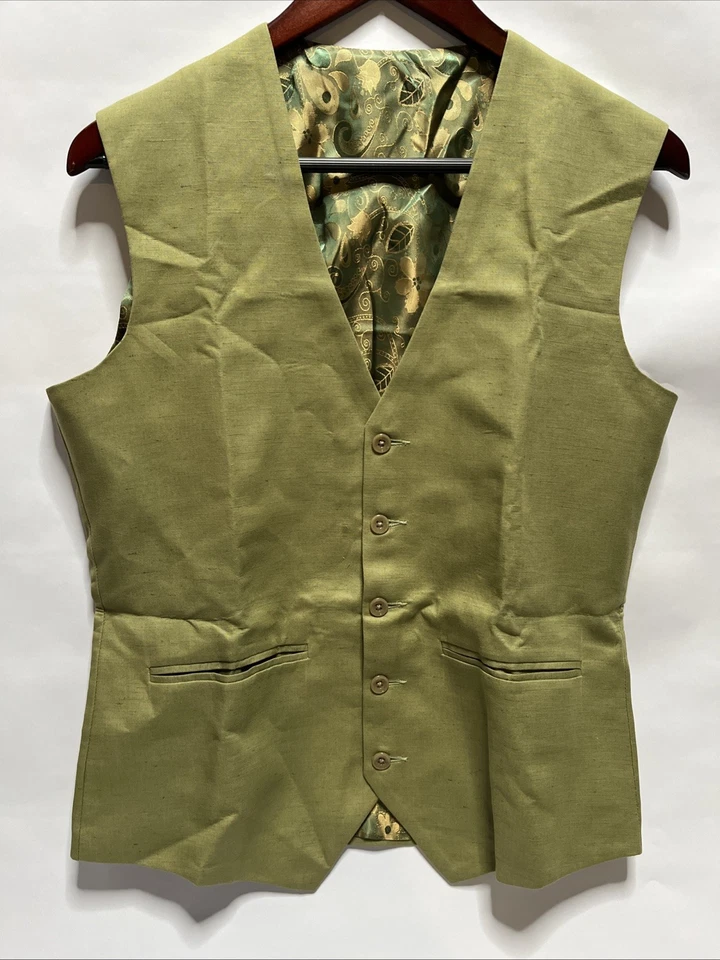 Traje chaqueta, chaleco y pantalón forrado de cachemira verde oliva de 3 piezas para hombre Foto 2 de 4