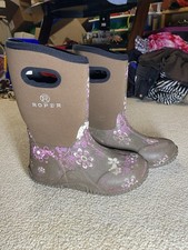 Roper Girls Size 2 Floral Barn Boots Brown Pink Neoprene Waterproof Western READ