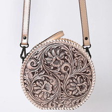 American Darling Round Hand-Tooled Leather Canteen Bag - Western -Pink Pearl