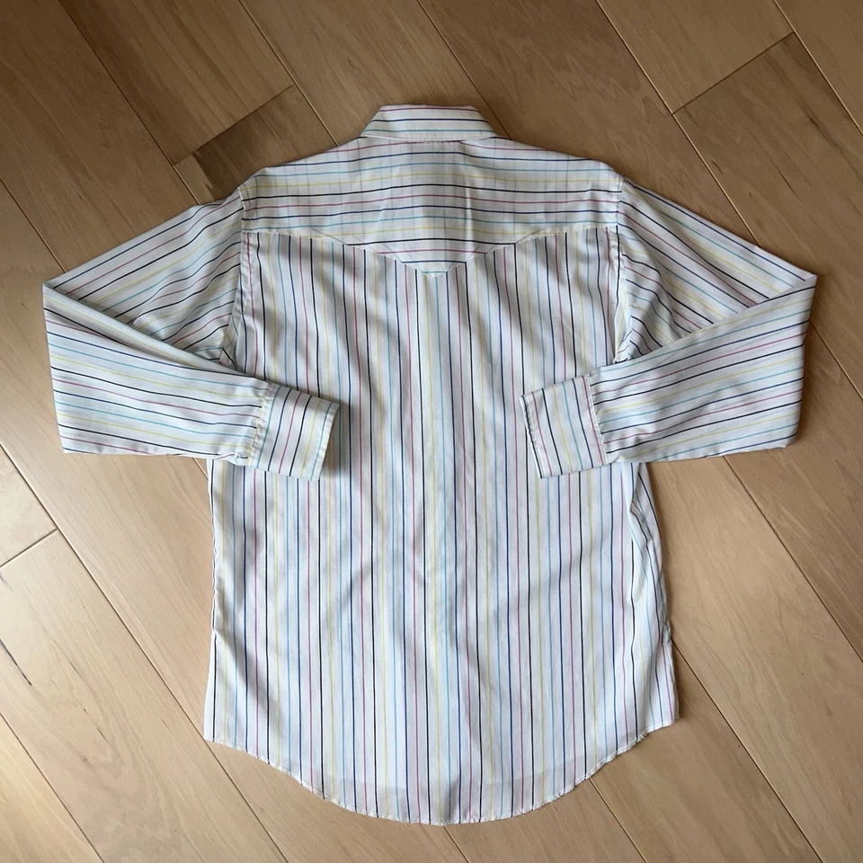 Vintage Wrangler Brushpopper Pearl Snap Striped Shirt Long Sleeve Men’s 16.5-35 - Image 4 of 4