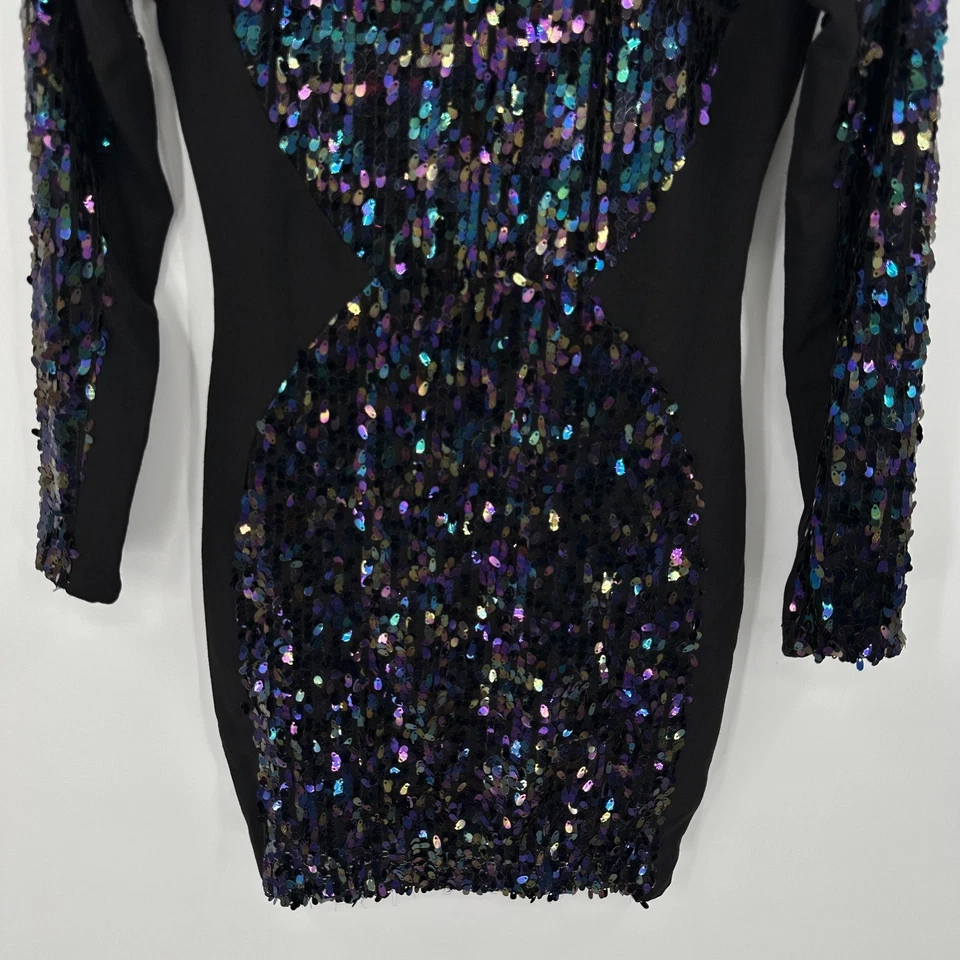 VESTIDO LA POBLACIÓN Mini Vestido Vaina Manga Larga Lentejuelas Iridiscentes Negro Talla M Foto 3 de 4
