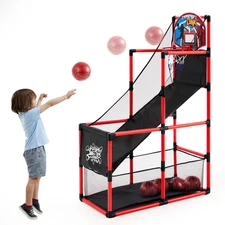 Indoor Arcade Basketball Hoop for Kids, Adjustable Set with 4 Balls & Pump - Red