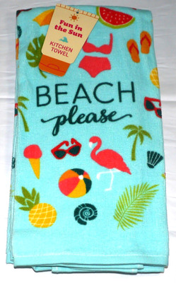 NEW Mainstream 2 Pk Velour Terry Kitchen Towels Summer Flamingo Beach Please