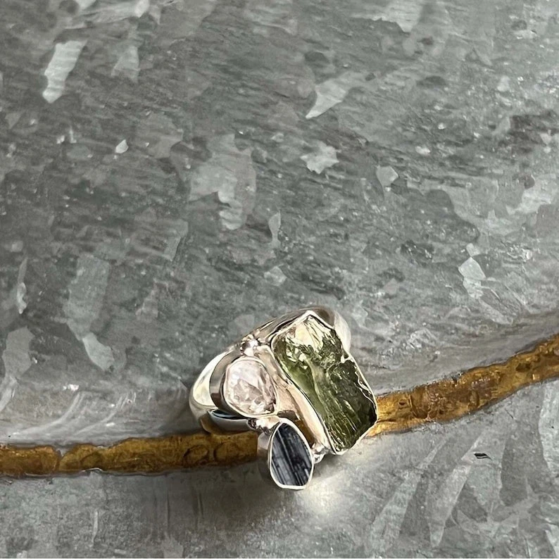Moldavite, Black Tourmaline & Herkimer Diamond Ring 925 Sterling Silver Ring - Image 4 of 4