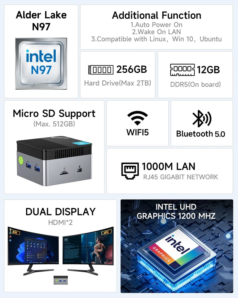 Mini PC NucBox G5, Intel 12th Gen Alder Lake N97 (up to 3.6GHz), 12GB RAM 256... - Image 2 of 4
