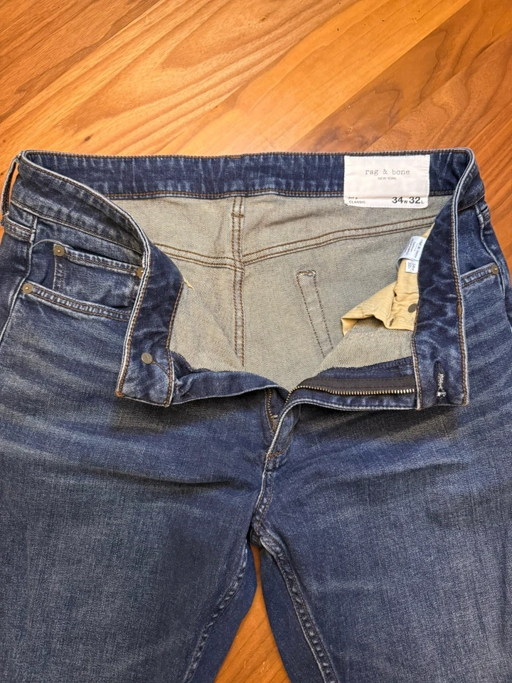 Jeans masculino clássico Rag & Bone Fit 3 tamanho 34x32 azul jeans stretch lavagem escura C3 - Imagem 2 de 4