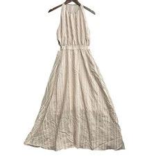 Grade & Gather Women's M Beige Stripe Maxi Dress Halter Neck Elastic Waist
