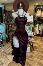Burgundy Satin Ruffle Bodycon Evening Dress Halter Spaghetti Strap Size L