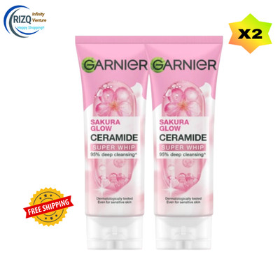 2 x Garnier Sakura Glow Ceramide Super Whip Deep Cleansing Face Wash Foam 100ml