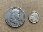 Lot Of 90% Silver Ben Franklin Half Dollar Coin And Roosevelt Dime 1960 D