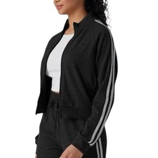 Halara Ribbed Stand Collar Long Sleeve Zipper Jacket Black Stripe Medium NWOT
