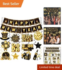 Happy New  Decorations 2026, Black Gold Happy New  Banner and New  Hanging Sw...