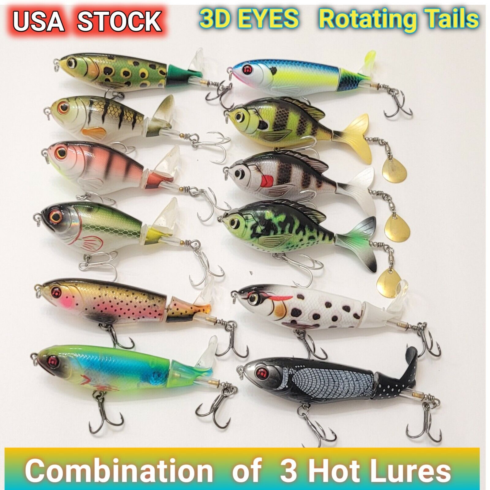 Fishing Lures Lot Whopper Plopper Top water Baits Rotating Tail Bass Trout 14